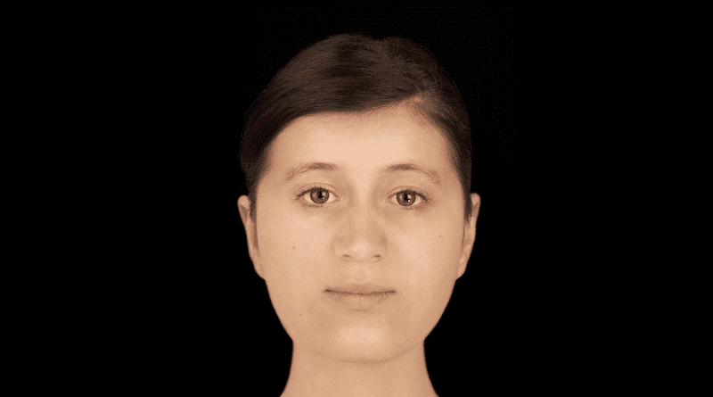 Trumpington Cross burial facial reconstruction created by forensic artist Hew Morrison using measurements of the woman’s skull and tissue depth data for Caucasian females CREDIT: Hew Morrison ©2023
