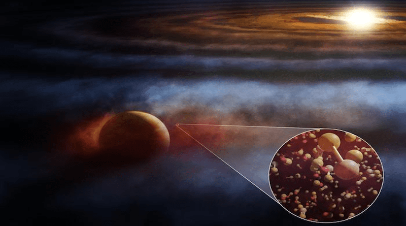 Located in the constellation Sagittarius, the young star HD 169142 is host to a giant protoplanet embedded within its dusty, gas-rich protoplanetary disk. This artist’s conception shows the Jupiter-like planet interacting with and heating nearby molecular gas, driving outflows seen in several emission lines, including those from shock-tracing molecules like SO and SiS, and the commonly seen 12CO and 13CO. Credit: ALMA (ESO/NAOJ/NRAO), M. Weiss (NRAO/AUI/NSF)