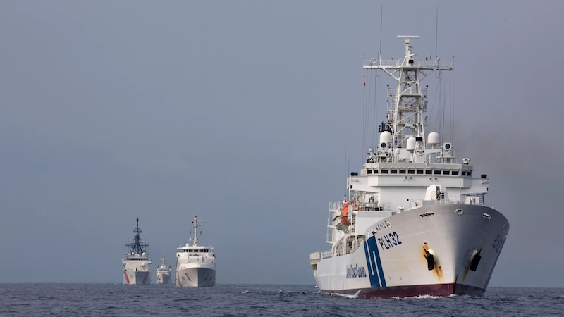 Japan Coast Guard Vessel Akitsushima (PLH 32), Philippine Coast Guard vessels BRP Gabriela Silang (OPV 8301) and BRP Melchora Aquino (MRRV-9702), and U.S. Coast Guard Cutter Stratton (WMSL 752) conduct a trilateral engagement in the South China Sea. Photo Credit: U.S. Navy photo by Chief Petty Officer Brett Cote