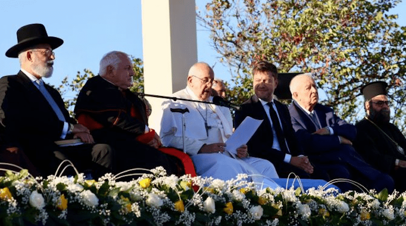 Pope Francis speaks during a meeting with local religious leaders at a memorial dedicated to sailors and migrants lost at sea on the first of a two-day visit to Marseille, France, Sept. 22, 2023. | Credit: Daniel Ibañez/CNA