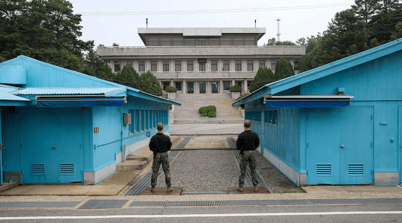 South Korean soldiers guard the joint security area inside the Demilitarized Zone in Panmunjom, South Korea. Photo Credit: Army Staff Sgt. Almon J. Bate