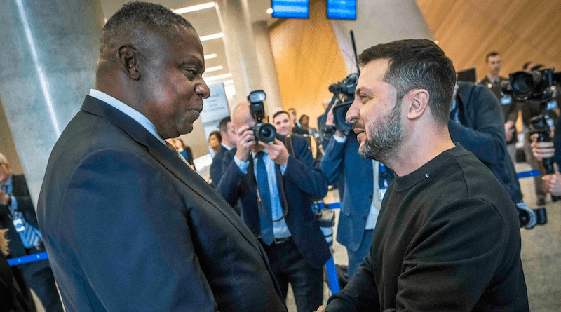 Secretary of Defense Lloyd J. Austin III greets Ukrainian President Volodymyr Zelenskyy at a meeting of the Ukraine Defense Contact Group at NATO headquarters in Brussels, Oct. 11, 2023. Photo Credit: Chad J. McNeeley, DOD