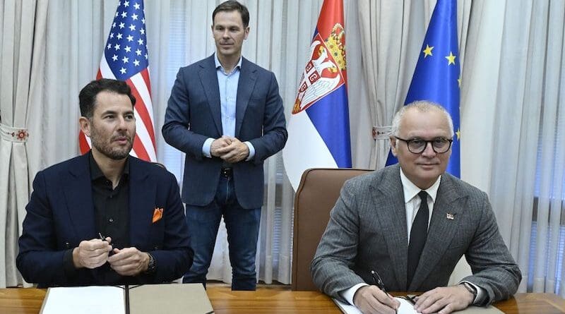 Asher Abehsera, director of Affinity Global Development (left), Serbian finance minister Sinisa Mali (centre) and Serbian construction minister Goran Vesic (right) during deal signing in Belgrade, Serbia, May 16. Photo: Serbian Government
