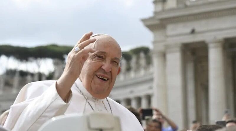 Pope Francis waves to pilgrims gathered in St. Peter’s Square at the Vatican. | Credit: Vatican Media