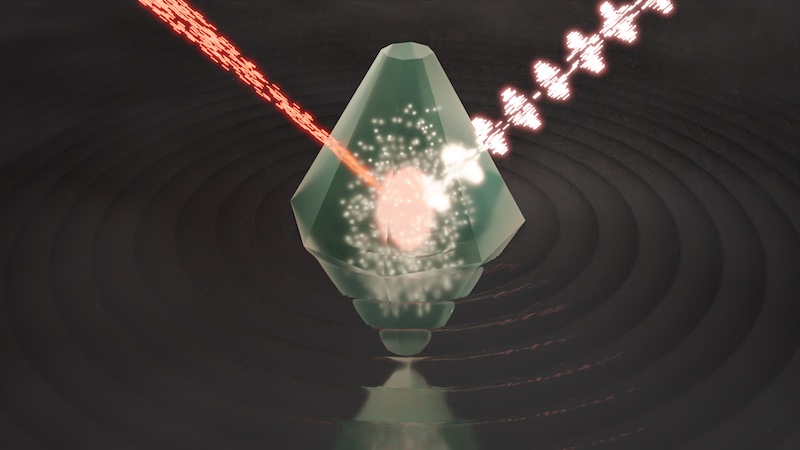 An artistic rendering of a semiconductor-based continuous time crystal (TC). The TC spontaneously emerges due to interactions between millions of coherent light-matter particles (a condensate) excited by a time-independent laser (red beam on the left). The oscillations of the TC excite GHz vibrations of the semiconductor atomic lattice (wavy relief). These vibrations act as an internal metronome stabilizing the oscillation frequency of the TC. Thus the time crystal emits coherent light with intensity that oscillates several billion times a second (white modulated beam on the right).