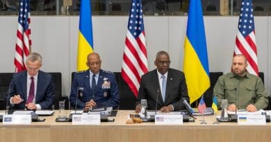 Secretary of Defense Lloyd J. Austin III, second from right, speaks during the 23rd meeting of the Ukraine Defense Contact Group at NATO headquarters in Brussels, June 13, 2024. Seated with him were, from left, NATO Secretary General Jens Stoltenberg, Chairman of the Joint Chiefs of Staff Air Force Gen. CQ Brown, Jr., and Ukrainian Defense Minister Rustem Umerov. Photo Credit: Navy Petty Officer 1st Class Alexander C. Kubitza, DOD