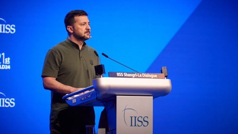 Ukrainian President Volodymyr Zelenskyy speaks at the Shangri-La Dialogue in Singapore on June 2. Photo Credit: Ukraine Presidential Press Service