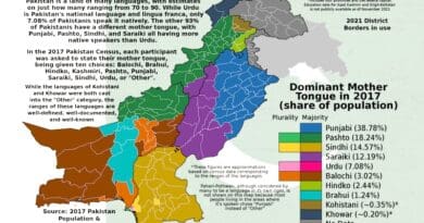 Map shows the dominant mother tongue in each Pakistani district according to the final official results of the 2017 Pakistan Population & Housing Census. Credit: Wikipedia Commons
