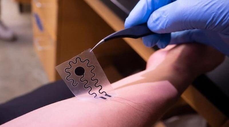Soft, stretchable electrode recreates sensations of vibration or pressure on the skin through electrical stimulation. CREDIT: Liezel Labios/UC San Diego Jacobs School of Engineering