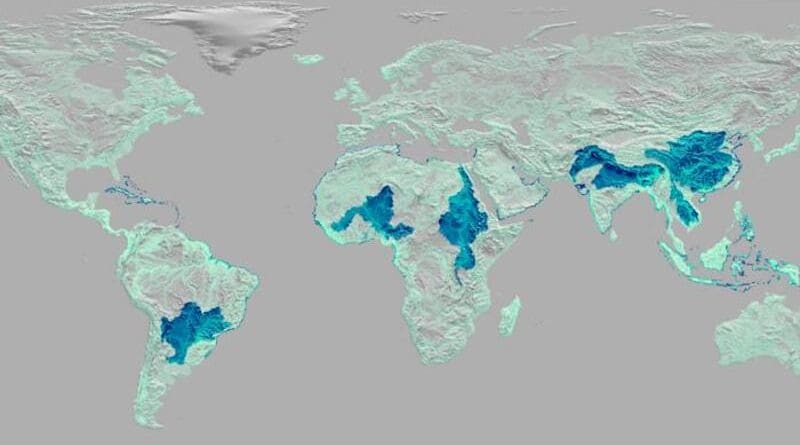 Fig.1. Aquatic ecosystems at higher risk of receiving land-based waste. Dark blue highlights key areas (including rivers and their basins, and coastal zones) with the highest risk of receiving land-based waste. Neon represents all the other rivers and coastal areas. CREDIT: Adriana Gomez Sanabria