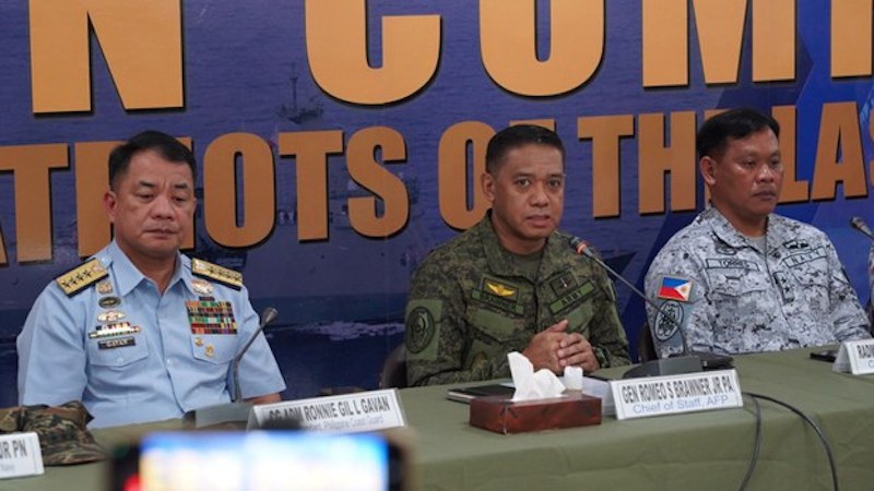 Philippine armed forces chief Gen. Romeo Brawner Jr. (center) responds to questions during a press conference in Palawan, June 19, 2024. Photo Credit: Armed Forces of the Philippines