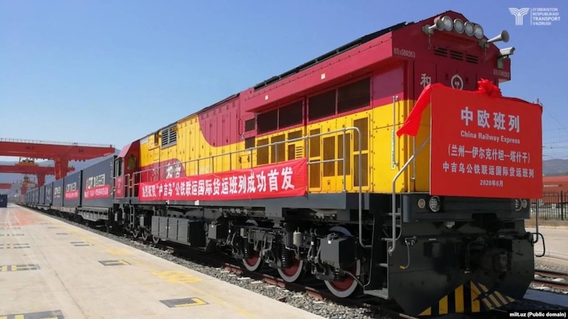 An experimental block train launched along the China-Kyrgyzstan-Uzbekistan transport corridor in Lanzhou last year. Photo Credit: RFE/RL