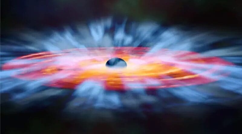 An artist’s impression of a quasar wind (in light blue) being launched off of the accretion disk (red-orange) around a supermassive black hole. CREDIT: NASA/CXC/M. Weiss, Catherine Grier and the SDSS collaboration