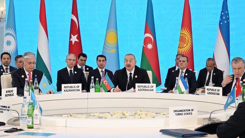 Azerbaijan's President Ilham Aliyev delivers opening remarks at the summit of the Organization of Turkic States on July 5. (Photo: president.az)