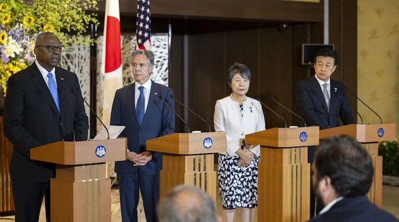 Secretary of Defense Lloyd J. Austin III and Secretary of State Antony J. Blinken conduct a press briefing with Japanese Defense Minister Minoru Kihara and Foreign Minister Yoko Kamikawa after the U.S.-Japan Security Consultative Committee meeting in Tokyo, July 28, 2024. Photo Credit: Navy Petty Officer 1st Class Alexander Kubitza