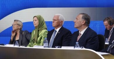 Maryam Rajavi at the Free Iran 2024 World Summit seated next to former US Vice President Mike Pence and former Secretary of State Mike Pompeo. Photo Credit: PMOI