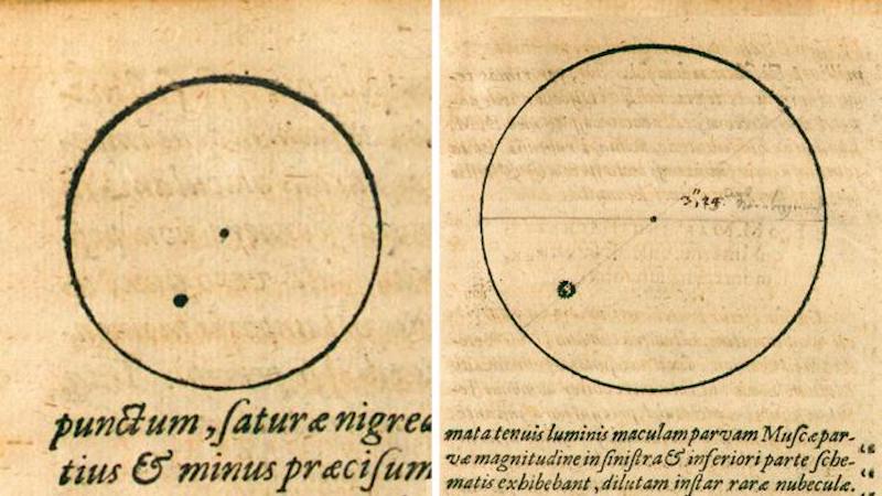The earliest datable sunspot drawings based on Johannes Kepler's solar observations with camera obscura in May 1607. CREDIT Kepler, J. 1609, Phaenomenon singulare seu Mercurius in Sole, Thomae Schureri, Lipisiae.