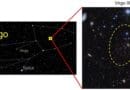 The position of a newly found dwarf galaxy (Virgo III) in the constellation Virgo (left) and its member stars (right; those circled in white). The member stars are concentrated inside the dashed line in the right panel. ©NAOJ/Tohoku University