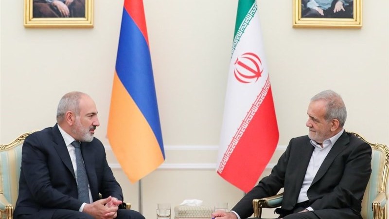 Armenia's Prime Minister Nikol Pashinyan with Iran's President Masoud Pezeshkian. Photo Credit: Tasnim News Agency