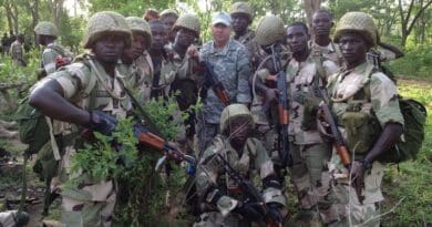File photo of a California National Guard Special Forces soldier from Los Alamitos-based Special Operations Detachment–U.S. Northern Command and Company A, 5th Battalion, 19th Special Forces Group (Airborne), poses with Nigerian soldiers during a training mission in Nigeria. Photo Credit: Cpl. Danielle Rodrigues, DOD