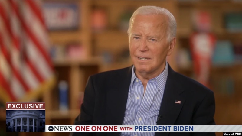 U.S. President Joe Biden speaks with ABC's George Stephanopoulos in a one-on-one interview aired on July 5, 2024. Photo Credit: ABC video still, VOA