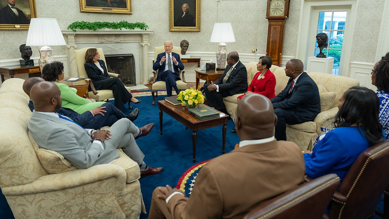 President Joe Biden and Vice President Kamala Harris meet with leaders of the Divine 9, historically Black sororities and fraternities, Friday, May 17, 2024, in the Oval Office. (Official White House Photo by Adam Schultz)