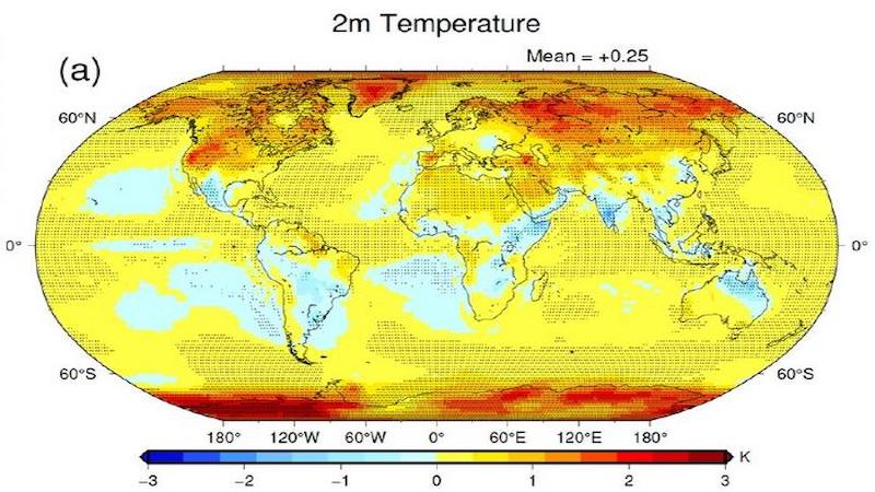 A depiction of the geographical distribution of the radiative effects of precipitation-induced surface changes in the temperature at 2m above the surface. CREDIT: Takuro Michibata from Okayama University