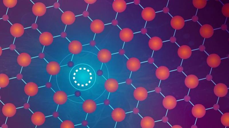 An artist’s depiction of a missing chalcogen atom in the middle layer of a bulk transition-metal dichalcogenide. CREDIT: Illustration: Kyle Palmer / PPPL Communications Department