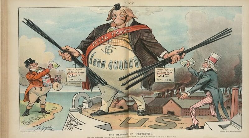 “The Blessings of Protection,” lithograph criticizing steel industry tariffs. Louis Dalrymple. Puck, 1901. Original caption: “The poor foreigner couldn’t get his rails for Twenty-four dollars if we didn’t elect to pay thirty-five.” tariffs