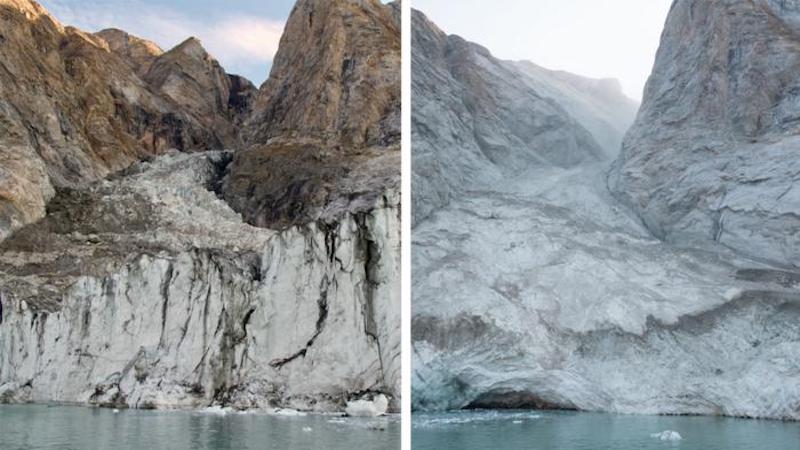 From left: Before (August 2023) and after (September 2023) photos of the mountaintop and the glacier, taken from the fjord. CREDIT: Søren Rysgaard / Danish Army