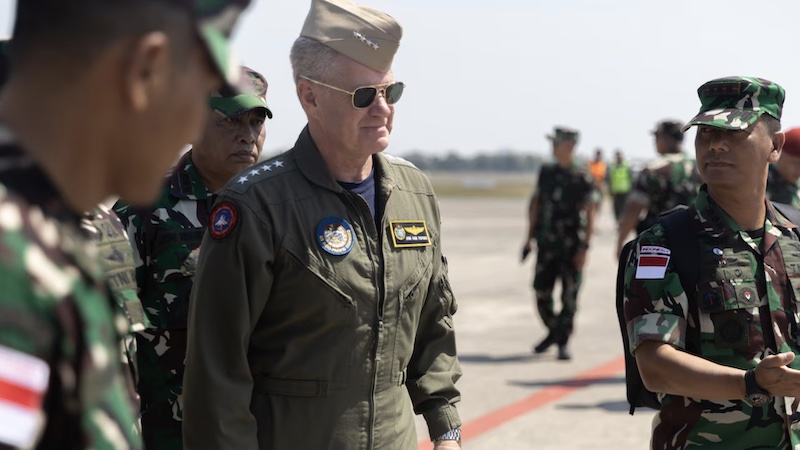 Navy Admiral Samuel Paparo, commander of U.S. Indo-Pacific Command, visits with U.S. troops supporting Exercise Super Garuda Shield 2024 at Juanda International Airport, East Java, Indonesia, Aug. 31, 2024. Photo Credit: Marine Corps Cpl. Migel Reynosa